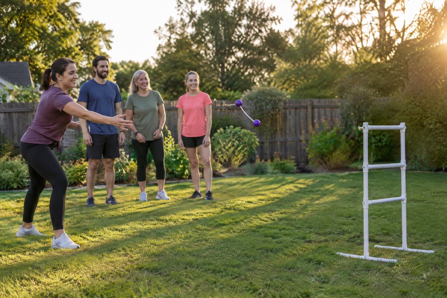 A woman tossing a purple bola toward a white ladder target on a backyard lawn at golden hour, with three friends watching behind her
