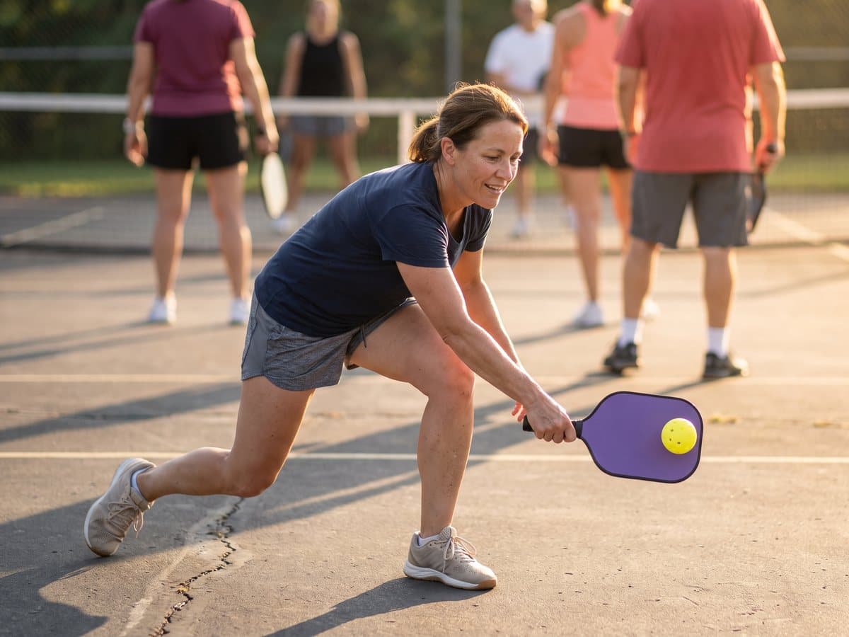 A woman in a navy t-shirt reaching low to meet a yellow pickleball with a purple paddle on an outdoor court in late afternoon sun, other players behind her