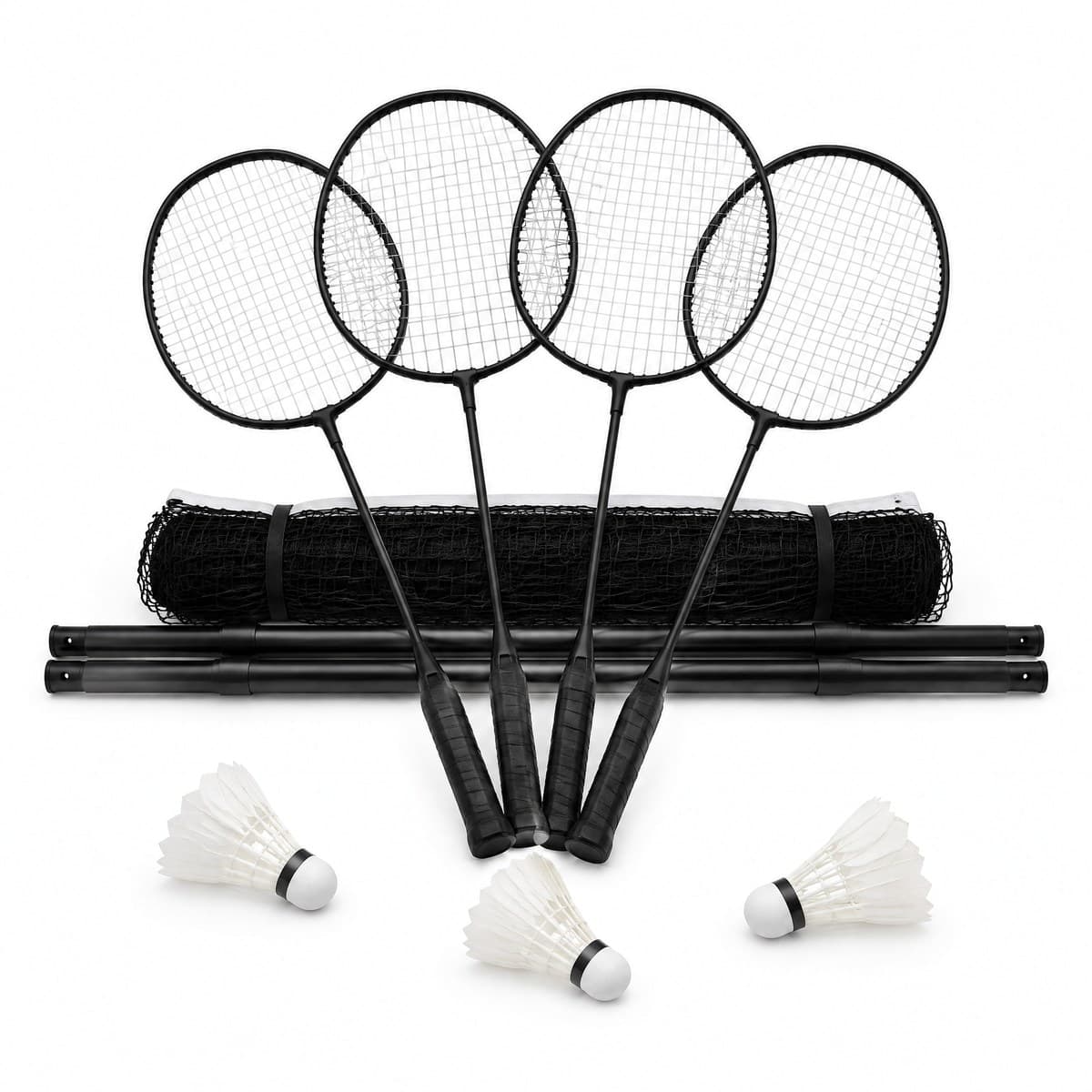 Four black badminton rackets fanned out over a rolled black net and two black poles, with three white shuttlecocks in front