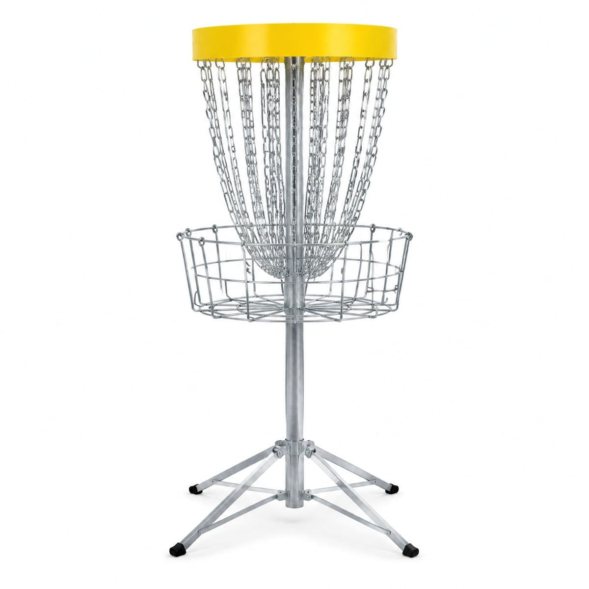 A silver disc golf basket with a yellow top band, hanging chains and a wire tray, on a pole with four folding legs