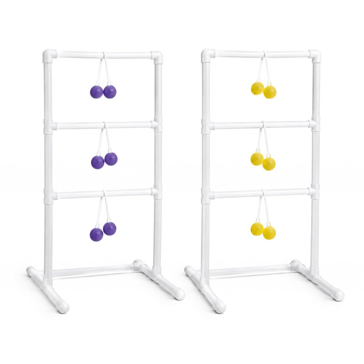 Two white three-rung ladders with a bola hanging on each rung, purple on one ladder and yellow on the other