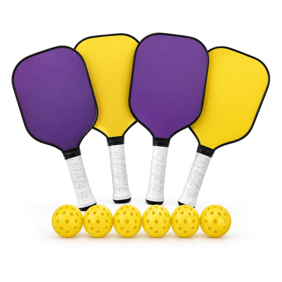 Four pickleball paddles side by side, two purple and two yellow, with white grips, and six yellow pickleballs in a row in front