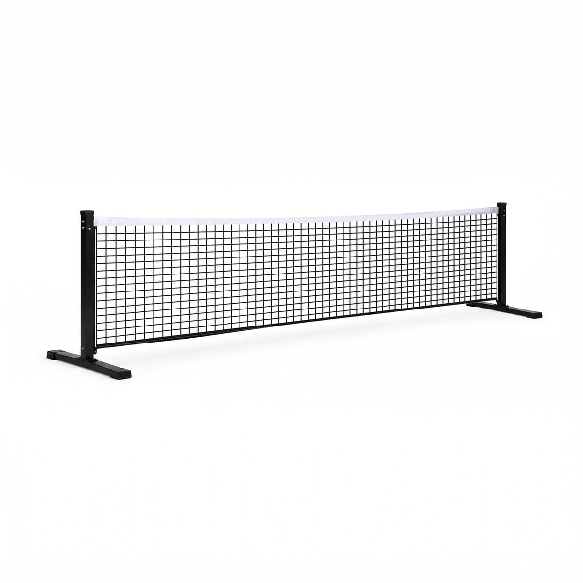 A pickleball net with black mesh and a white top band between two black steel posts on flat T-shaped feet