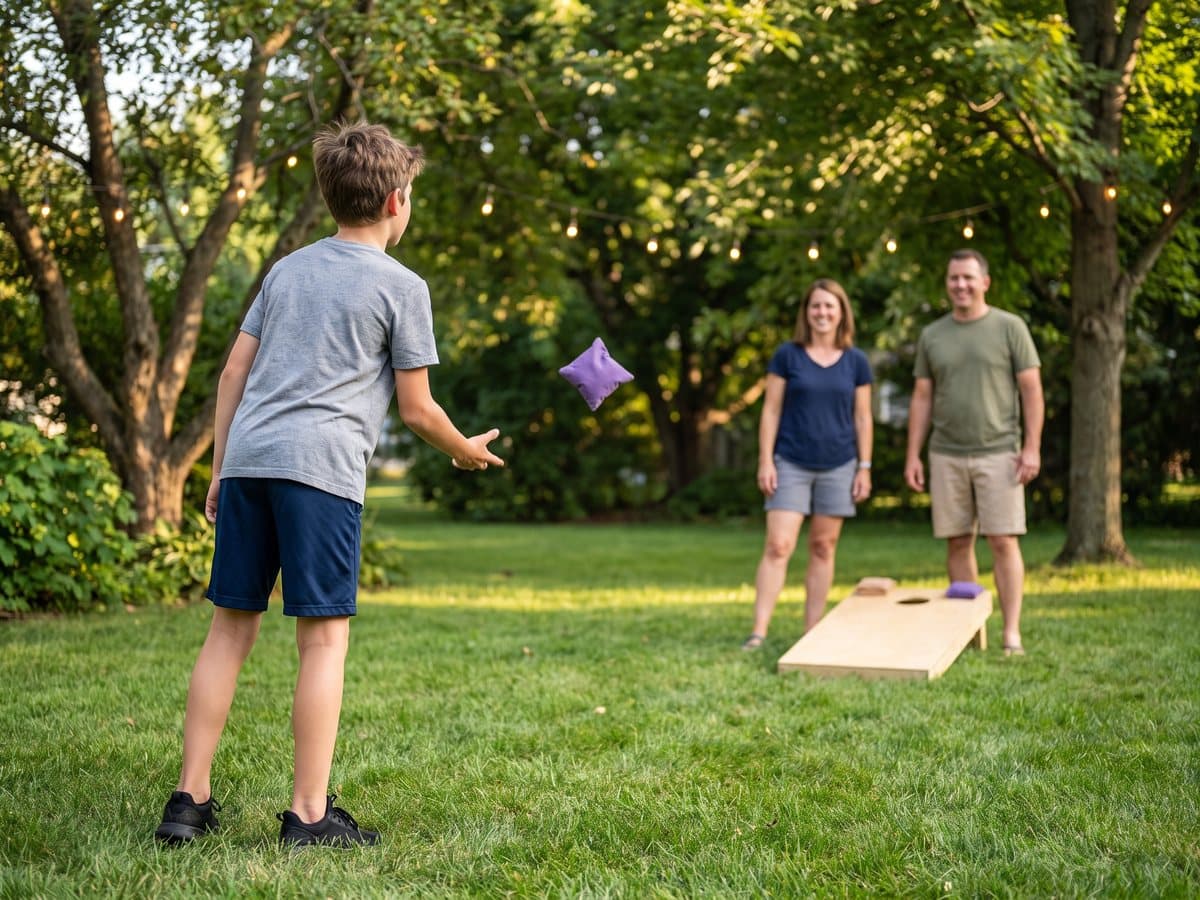 A boy tossing a purple bean bag toward a wooden cornhole board in a green backyard while his parents watch, string lights in the trees
