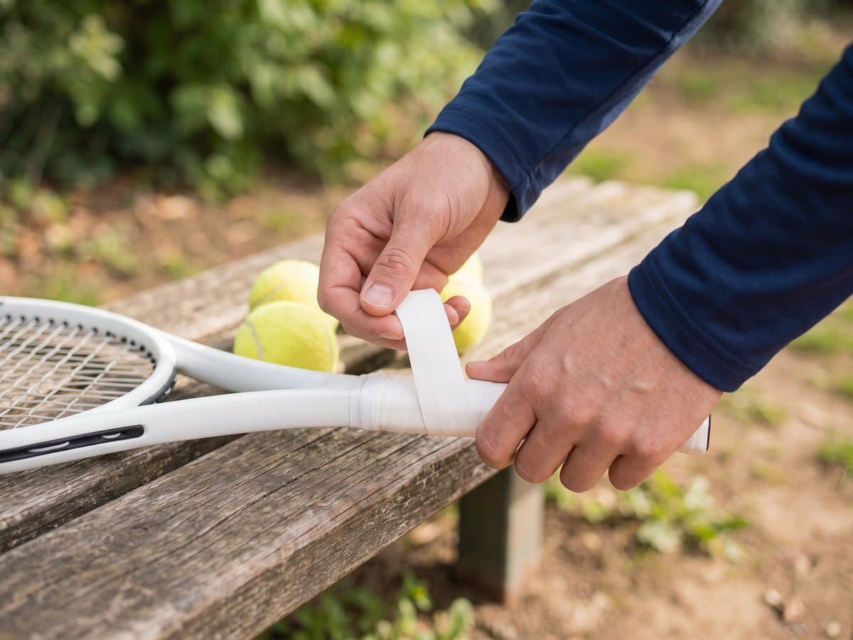 Hands wrapping white overgrip tape around the handle of a white racquet on a wooden bench, yellow tennis balls beside it